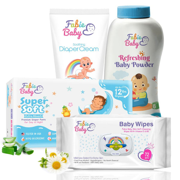Complete Potty Care Essentials: Super Soft Extra Absorb Baby Diaper Pants + Talc-free Baby Powder, 200 gm + 100% Chemical-free Baby Diaper Rash Cream, 100 ml + Baby Wet Wipes, 72 pcs Pack (Combo Pack)