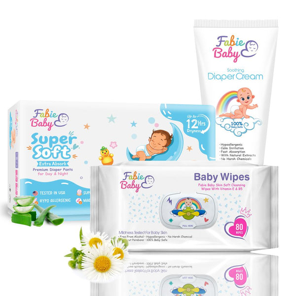 Baby Bottom Basics: Super Soft Extra Absorb Baby Diaper Pants + Baby Cleaning Wet Wipes, 80 pcs Pack + 100% Chemical-free Diaper Rash Cream, 100 ml (Combo Pack)