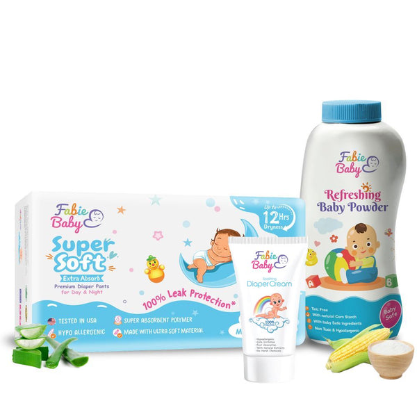 Baby Bottom Basics: Super Soft Extra Absorb Baby Diaper Pants + Talc-Free Natural Baby Powder, 200 gm + Natural Baby Diaper Rash Cream, 100 ml (Combo Pack)