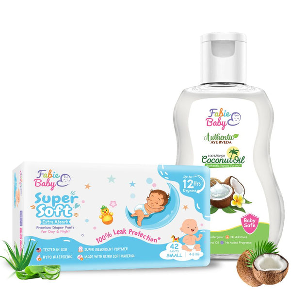 Baby Bottom Duo: SuperSoft Extra Absorb Premium Diaper Pants + 100% Natural Baby Coconut Oil, 200 ml (Combo Pack)