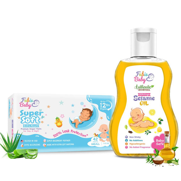 Baby Bottom Duo: Super Soft Extra Absorb Premium Diaper Pants with 100% Virgin Seasme Oil, 200 ml (Combo Pack)