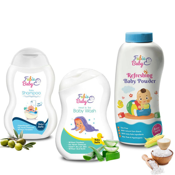 Bath Time Basics: Gentle & Tear Free Baby Shampoo For Soft Hair Care, 250 ml + Premium and Nourishing Baby Wash, 200ml + Talc-Free Natural Baby Powder, 200 gm (Combo Pack)