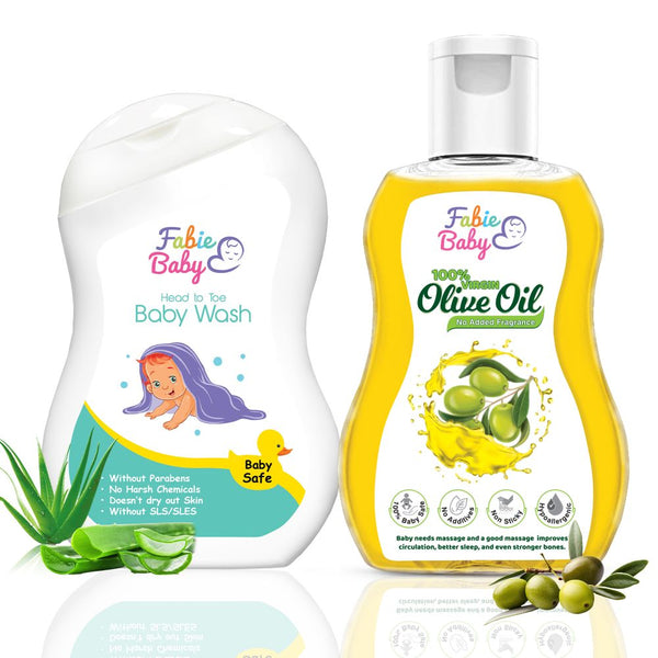 Soft Skin Duo: 100% Chemical-free Baby Wash, 200 ml + 100% Virgin Olive Oil, 200 ml (Combo Pack)
