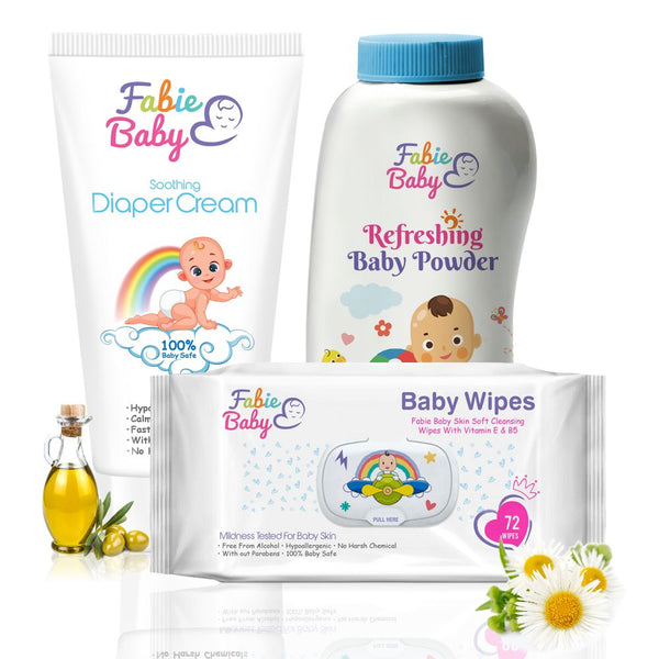 Baby Bottom Basics: 100% Chemical-free Baby Diaper Rash Cream, 100 ml + Talc-Free Natural Baby Powder, 200 gm + Baby Cleaning Wet Wipes, 72 pcs Pack (Combo Pack)