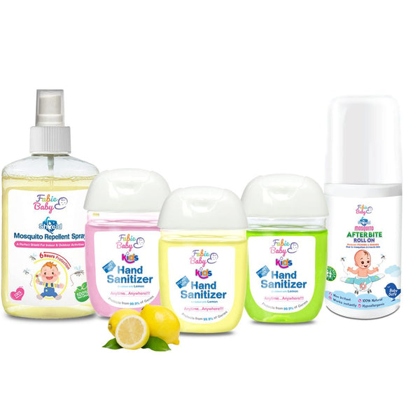 Complete Baby Sheild Essentials: 100% Natural Mosquito Repellent Spray for Kids, 100 ml + After Bite Roll On For Redness & Rashes, 40 ml + 3 Baby Sanitizers, 30 ml x 3 (Combo Pack)