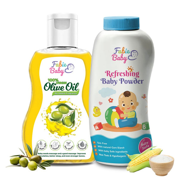 Soft Skin Duo: 100% Chemical-free Virgin Olive Oil, 200ml + Talc-Free Natural Baby Powder, 200gm (Combo Pack)